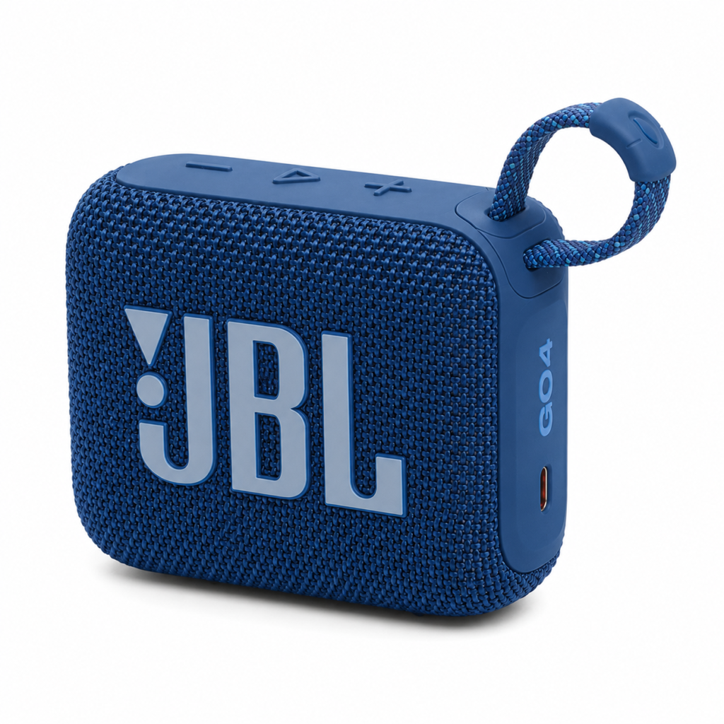 רמקול נייד JBL Go 4 כחול מזווית קדמית על רקע לבן