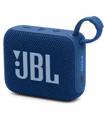 רמקול נייד JBL Go 4 כחול מזווית קדמית על רקע לבן