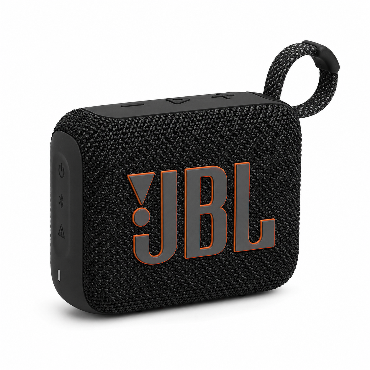 רמקול נייד JBL Go 4 שחור בעיצוב קומפקטי על רקע לבן