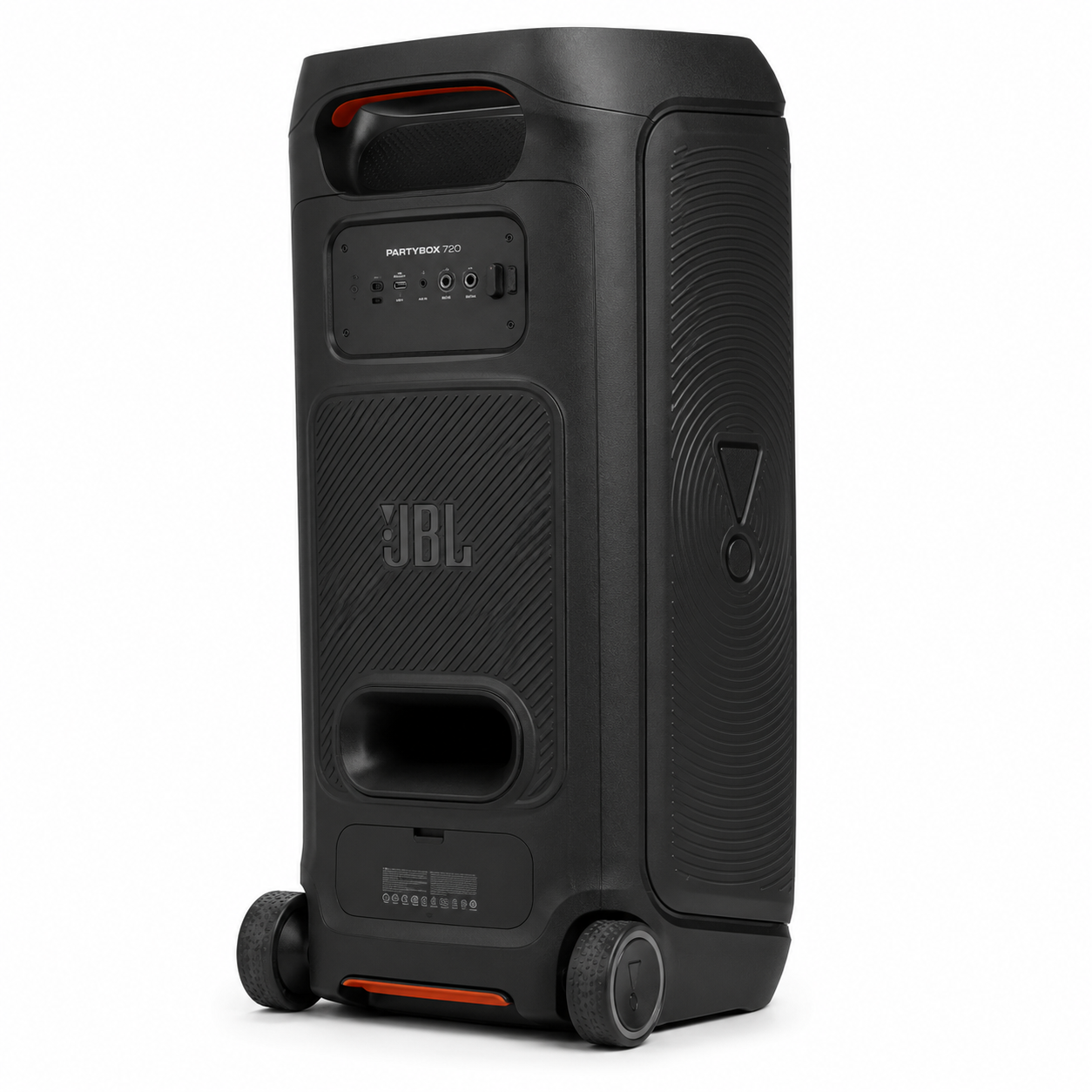 JBL PartyBox 720 בעיצוב שחור עם גלגלים וידית נשיאה