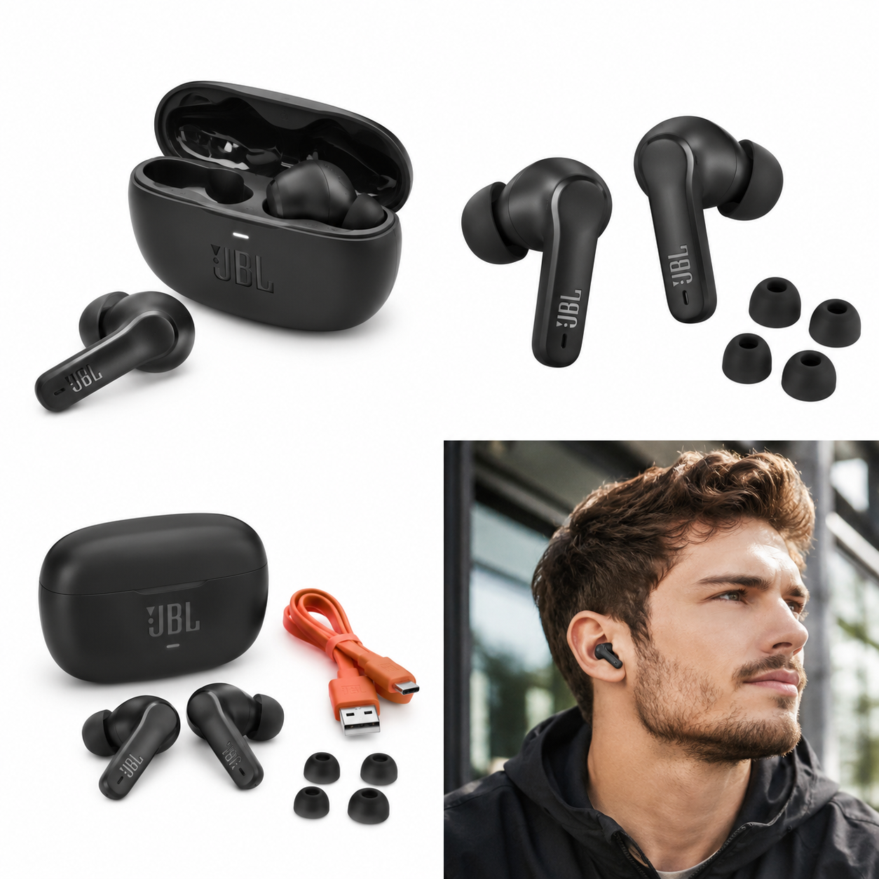 אדם משתמש באוזניות JBL Tune 230NC TWS במהלך יום עבודה
