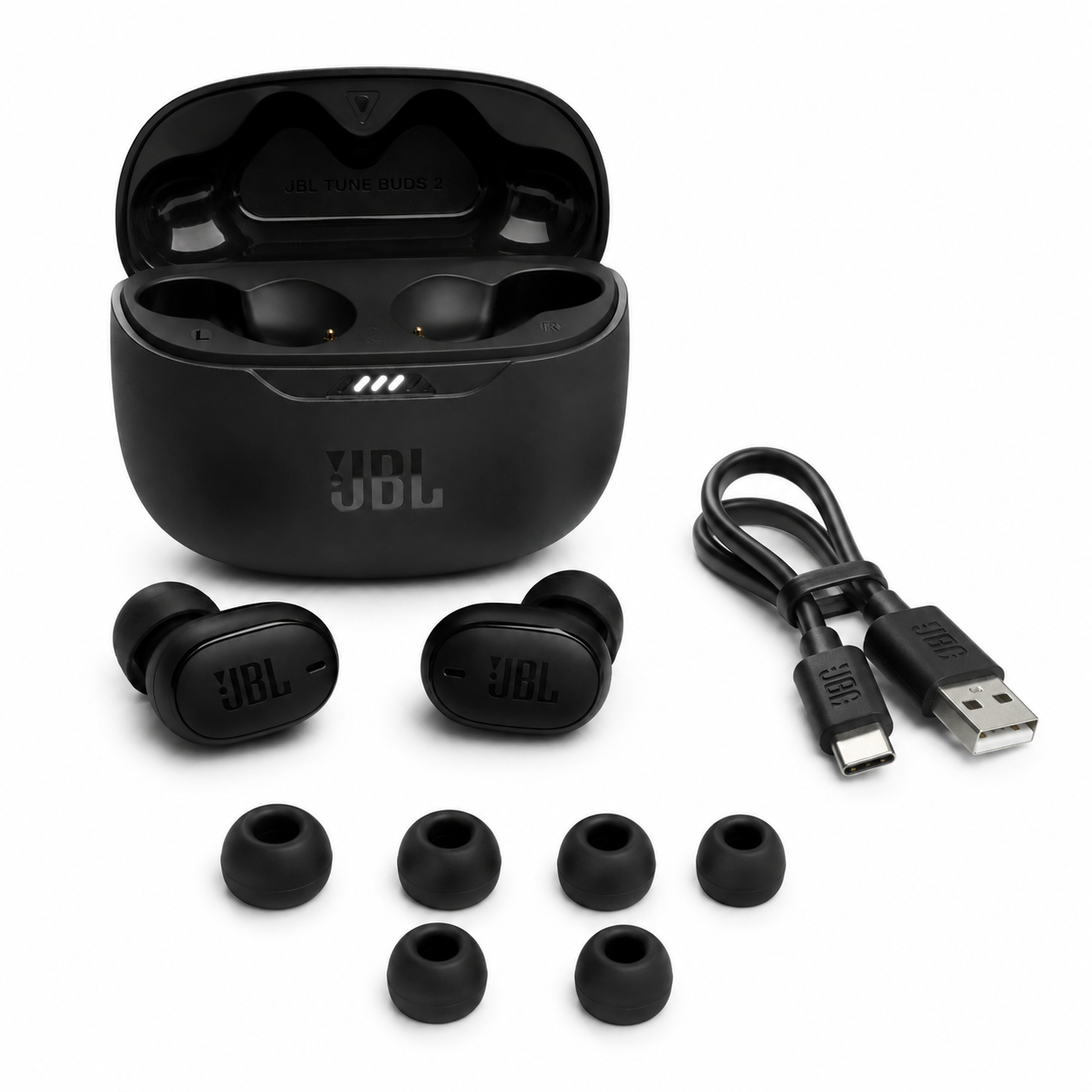 אוזניות JBL Tune Buds 2 שחורות עם נרתיק טעינה ואביזרים