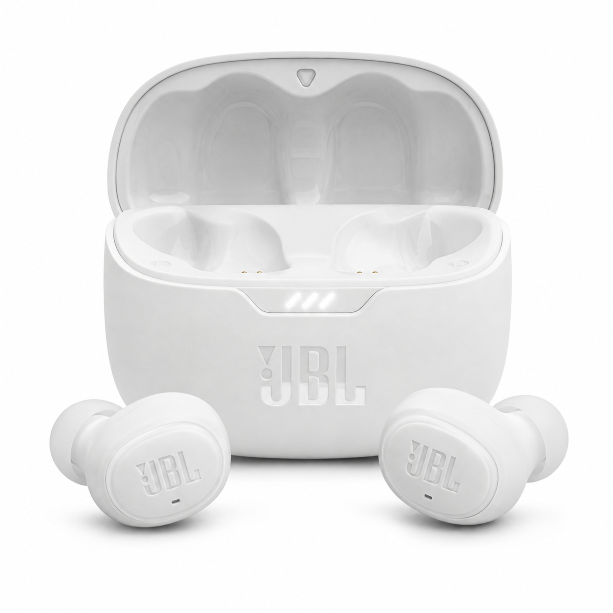 אוזניות JBL Tune Buds 2 לבנות לצד נרתיק טעינה פתוח