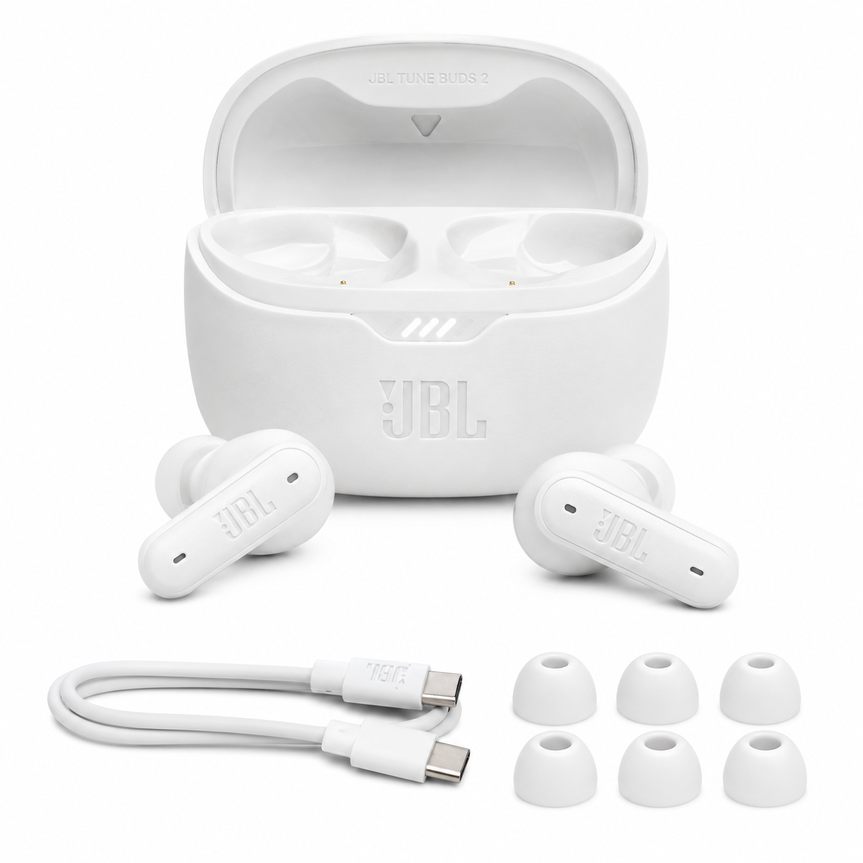 אוזניות JBL Tune Buds 2 לבנות עם נרתיק טעינה, כבל ומתאמים