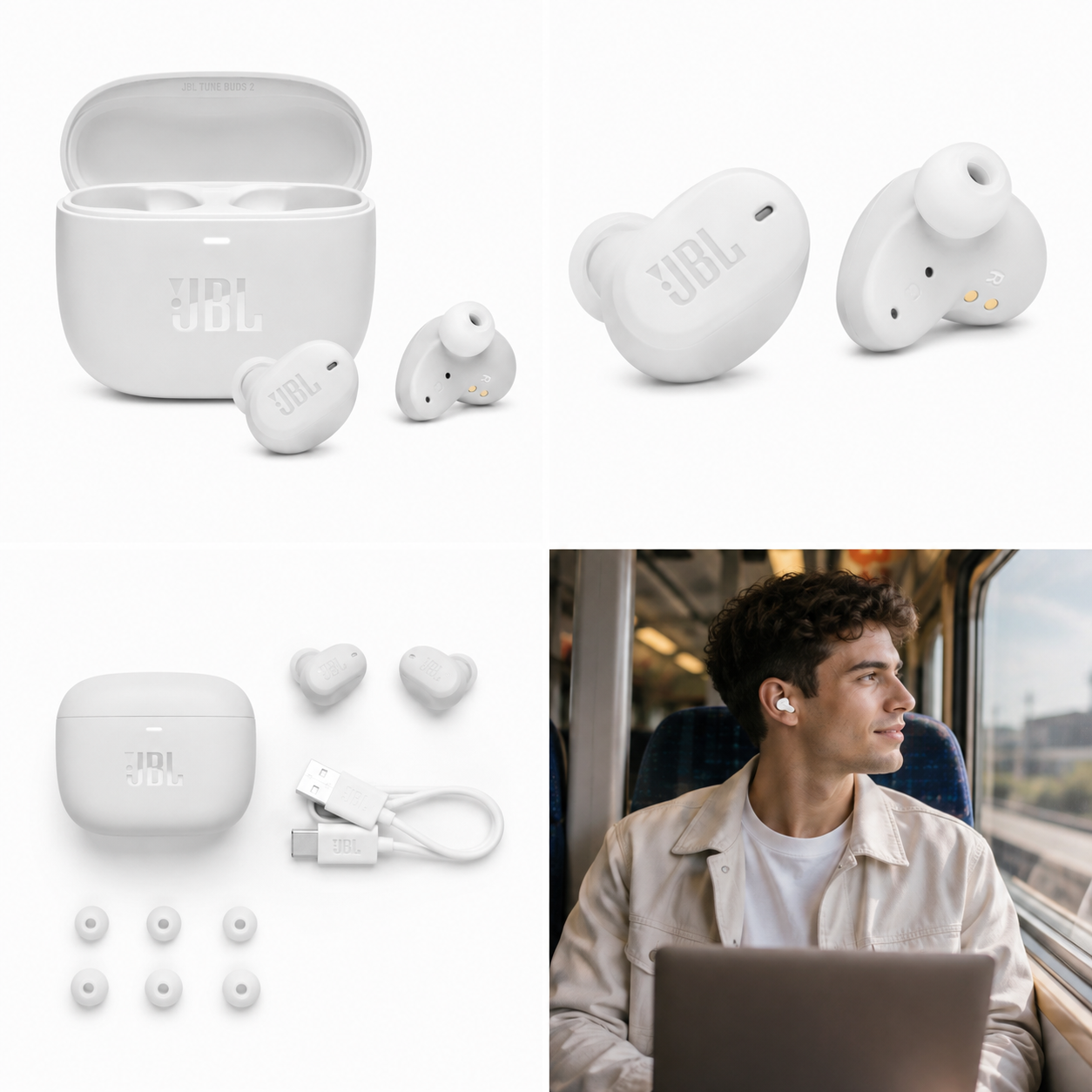 אדם משתמש באוזניות JBL Tune Buds 2 לבנות במהלך הליכה בעיר