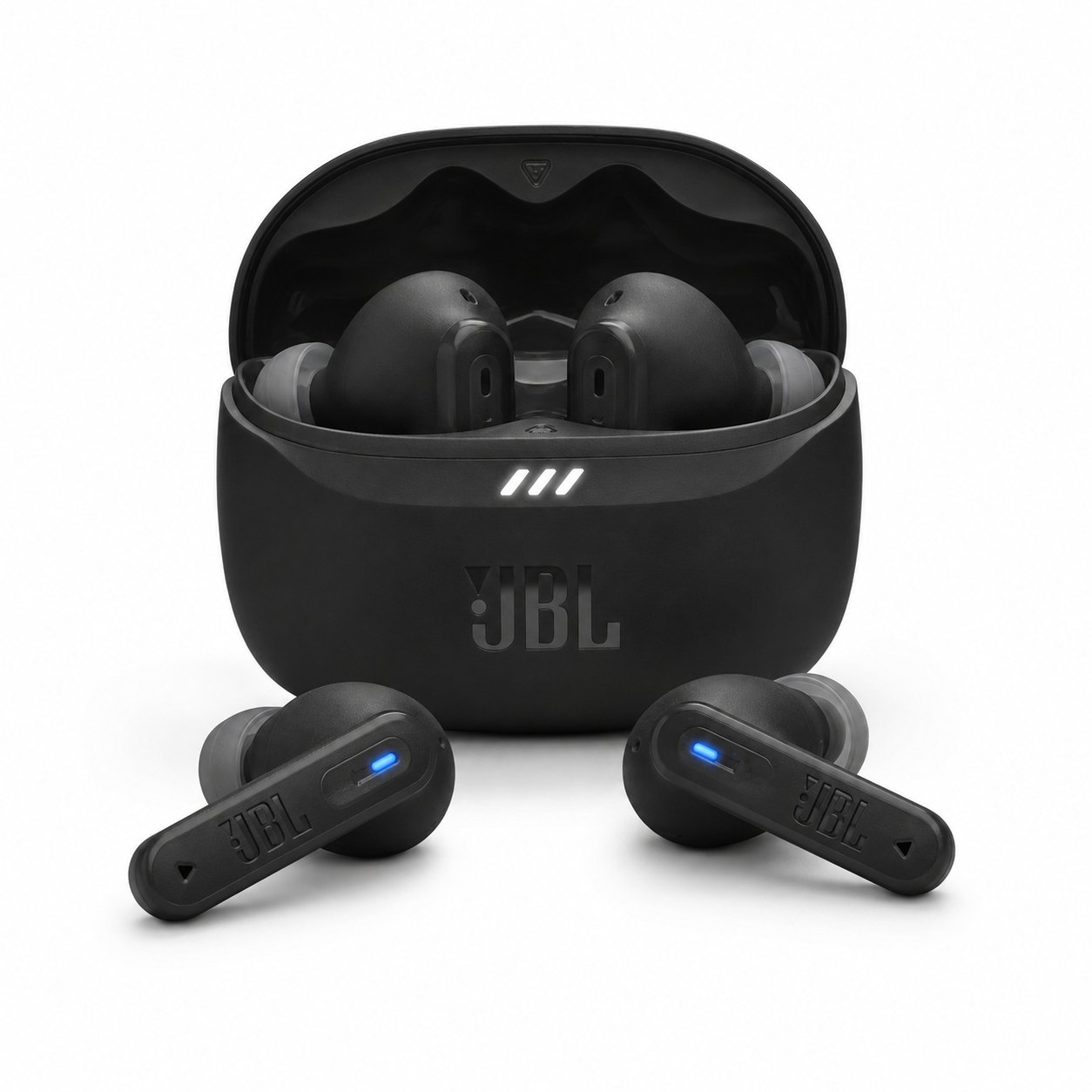 אוזניות JBL Tune Beam 2 עם נרתיק טעינה על רקע לבן