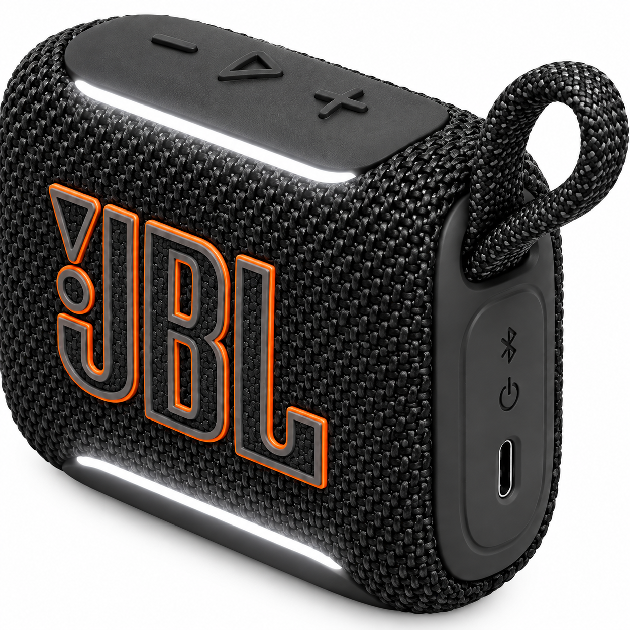 JBL Go 5 עם כפתורי שליטה, חיבור USB-C ותאורה היקפית